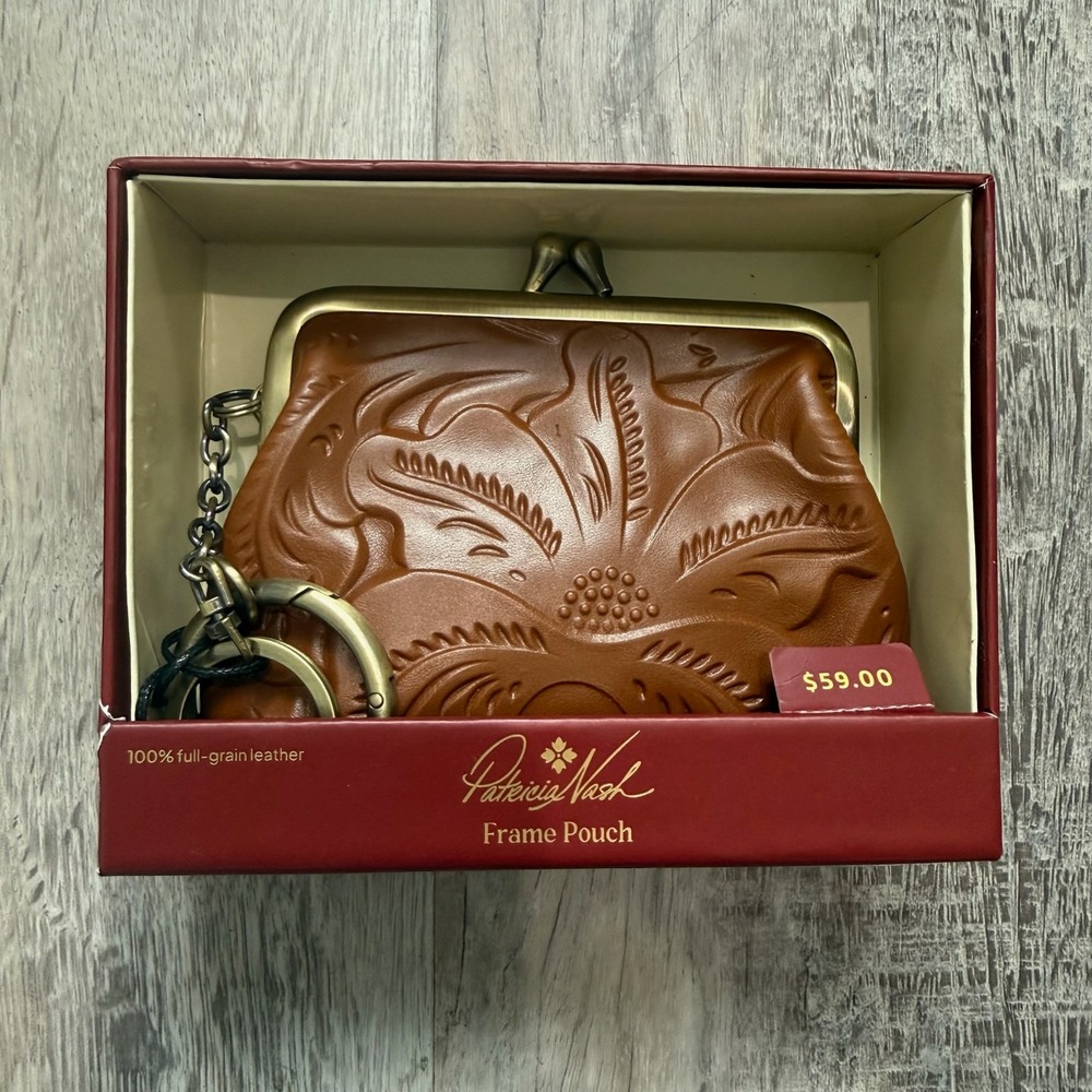 Patricia Nash Tan Brown Leather Floral Tooled Kisslock Framed Crossbody Bag